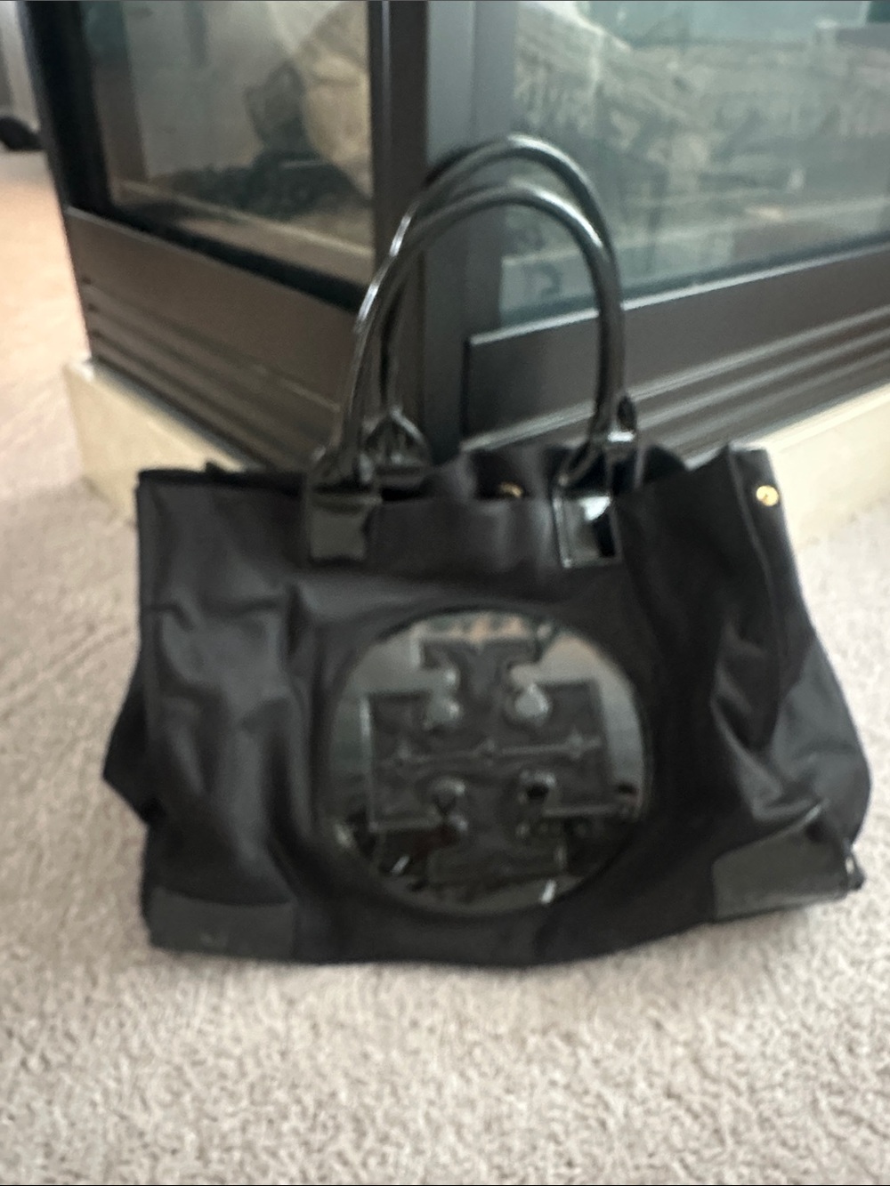 Tory Burch Black Logo Nylon Tote with Patent Trim